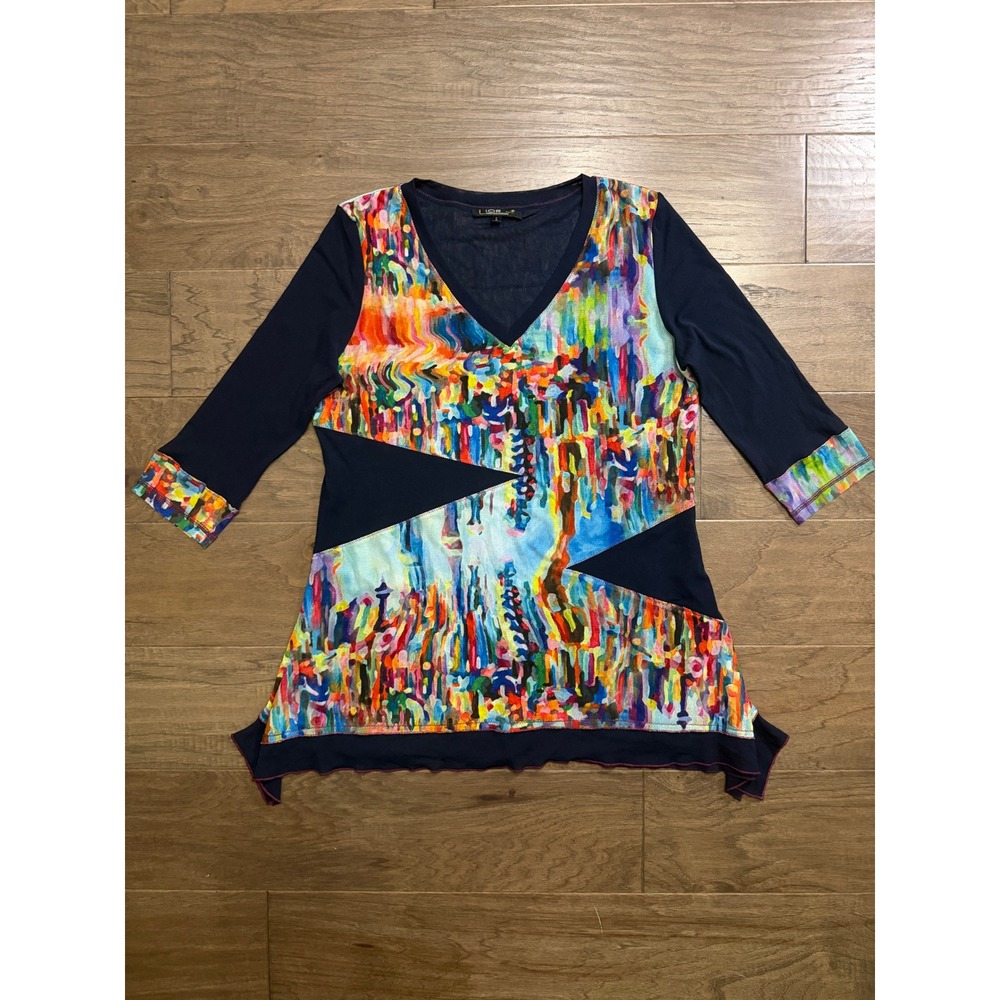 Lior Paris Womens Navy Blue Abstract Print V-Neck Sharkbite Tunic Top Large